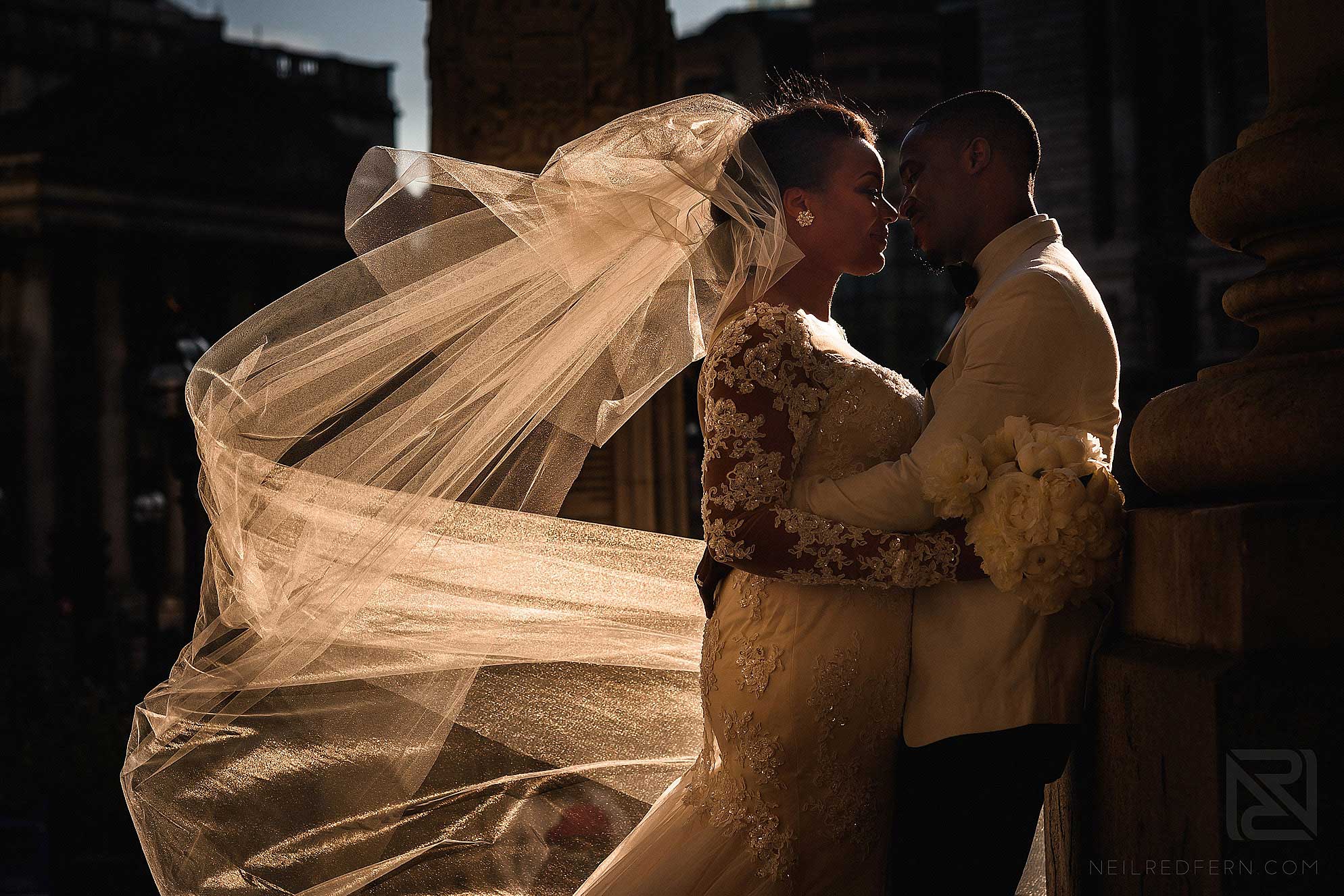 bride and groom outside Royal Exchange London