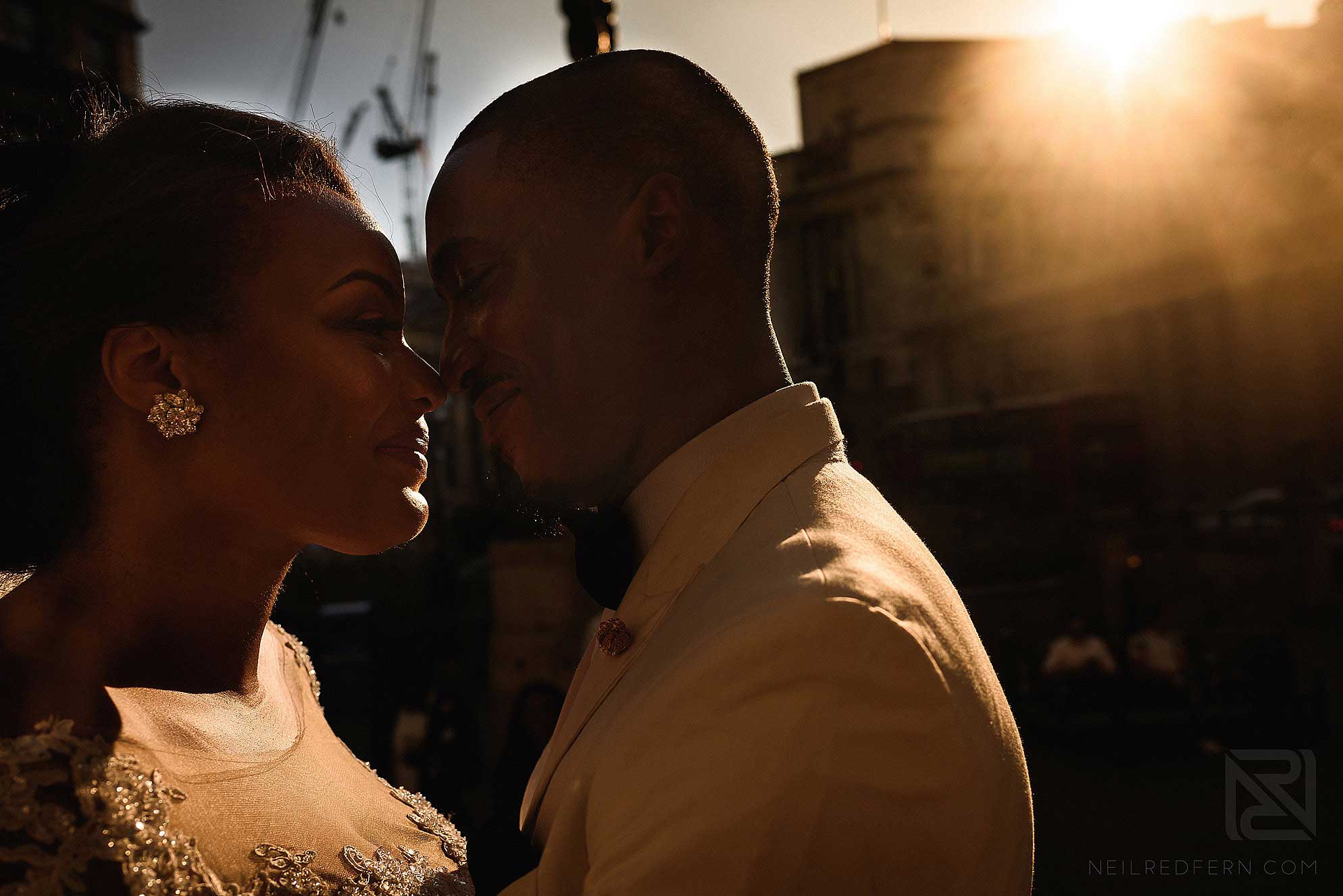 sunset photograph of bride and groom at Royal Exchange London
