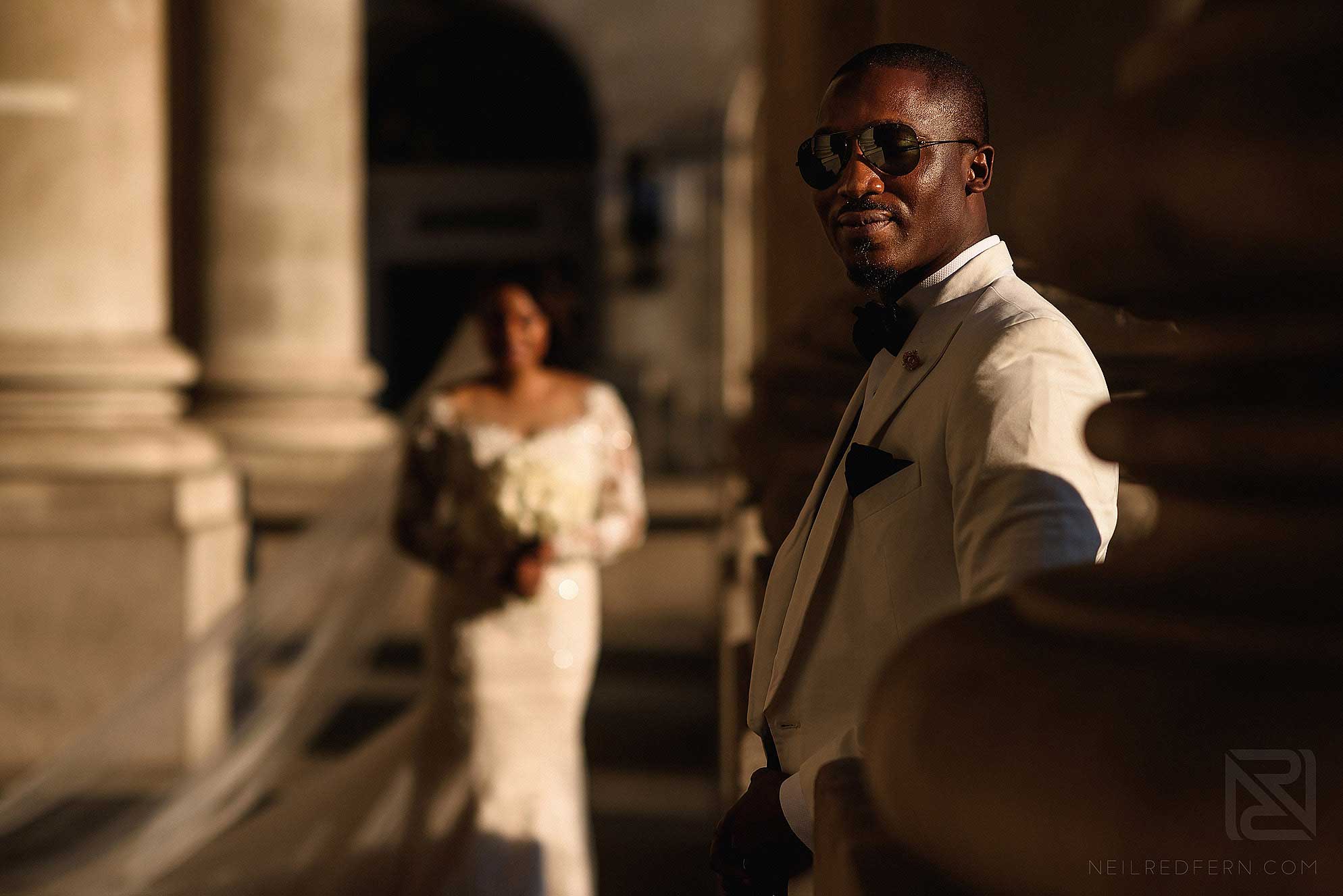 bride and groom portrait at Royal Exchange London