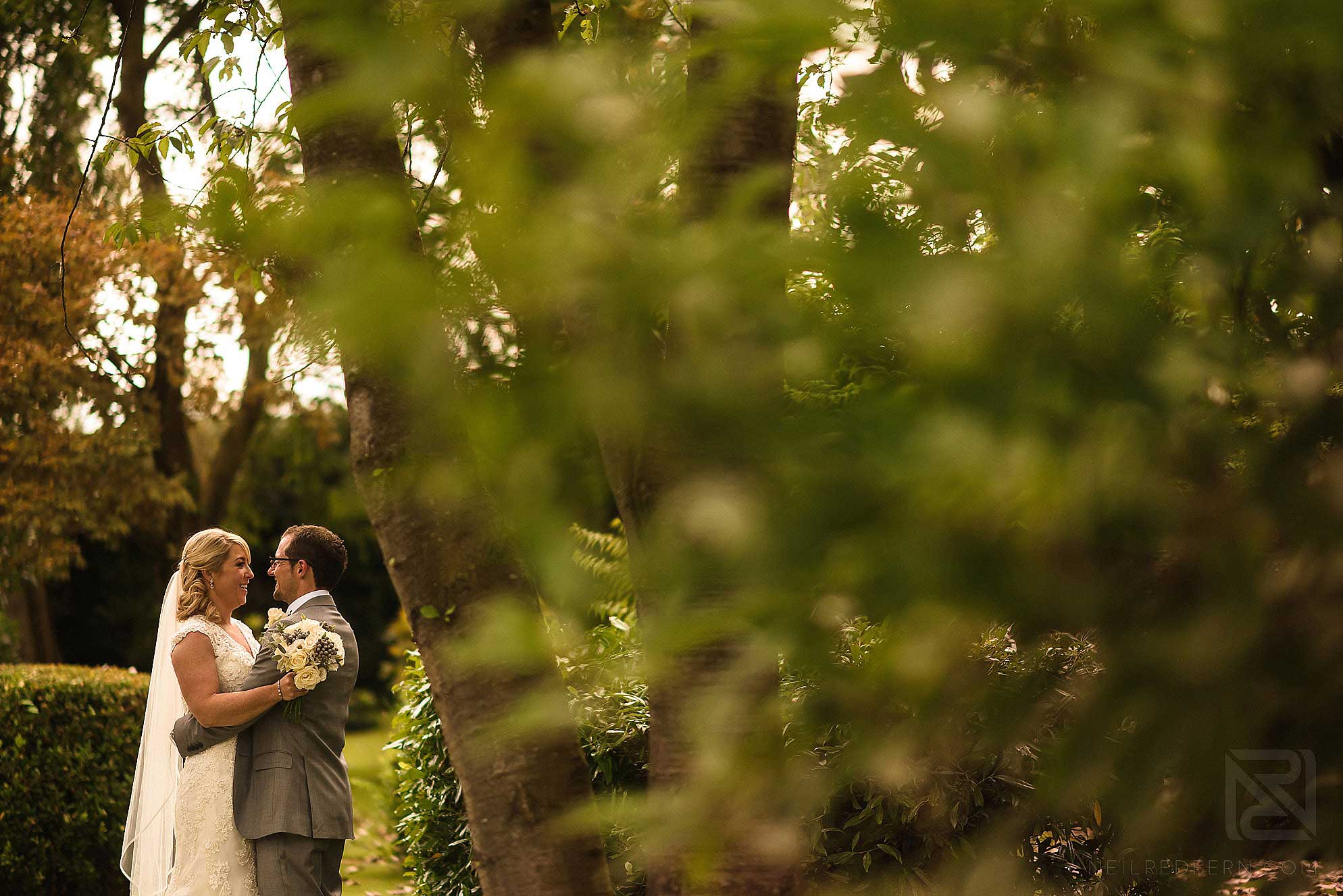 photo of bride and groom in gardens at Colshaw Hall