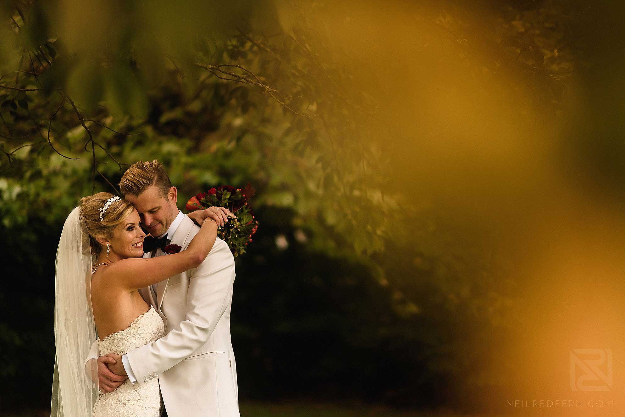 romantic moment between bride and groom