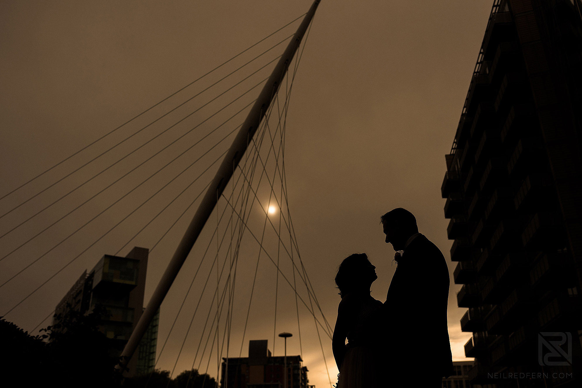 silhouette portrait of bride and groom 
