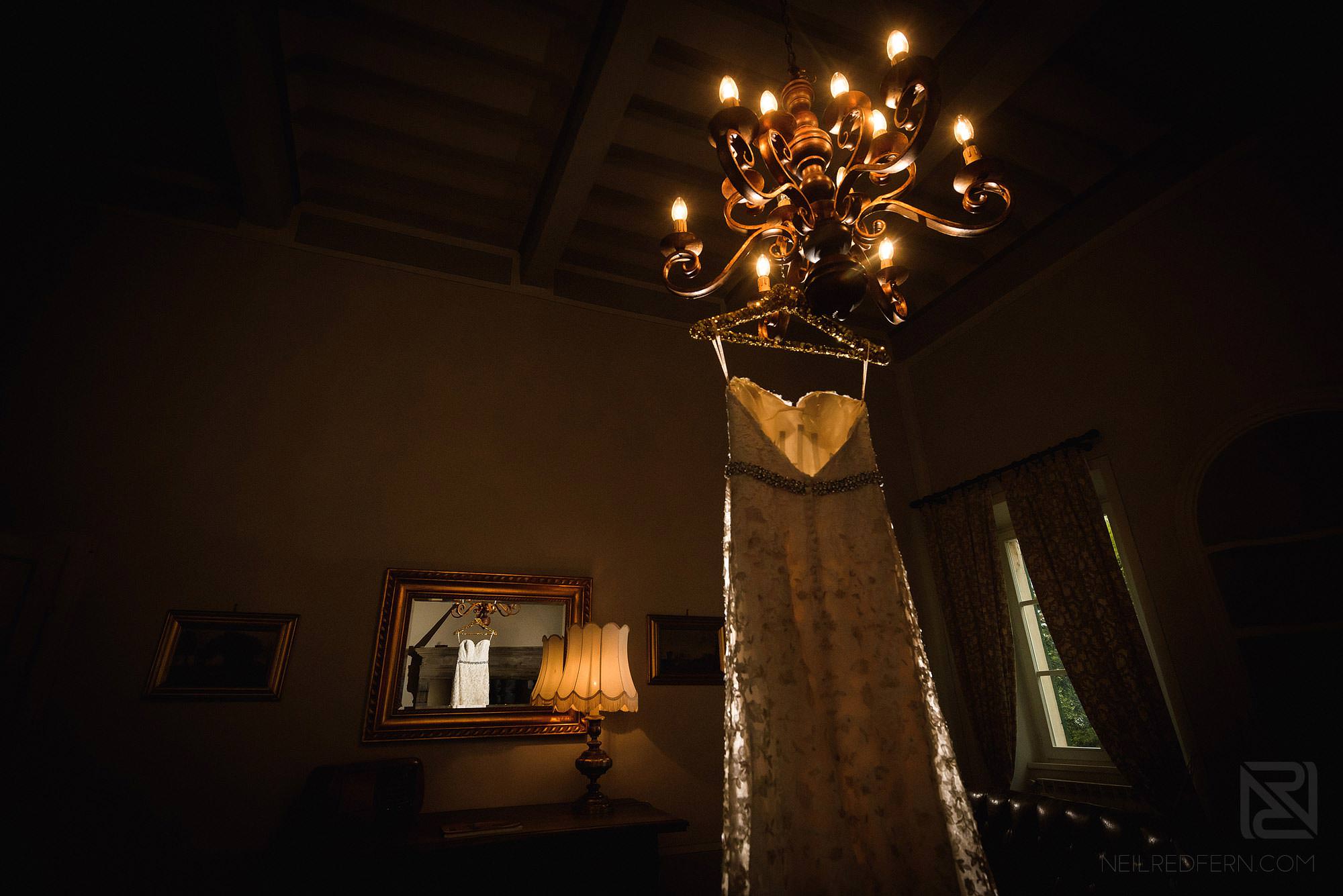 wedding dress hung up