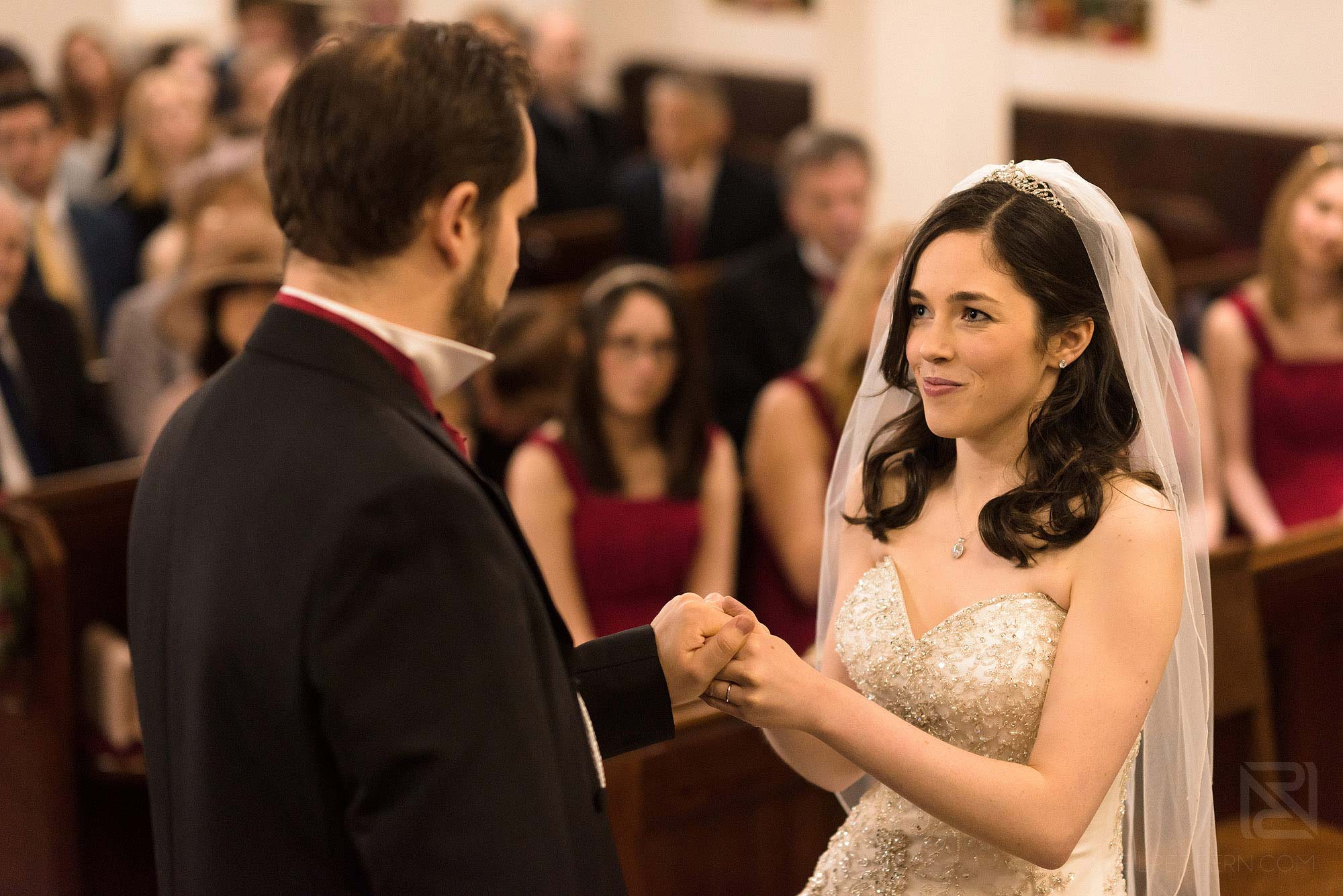 bride and groom during wedding ceremony at St James Church in Didsbury