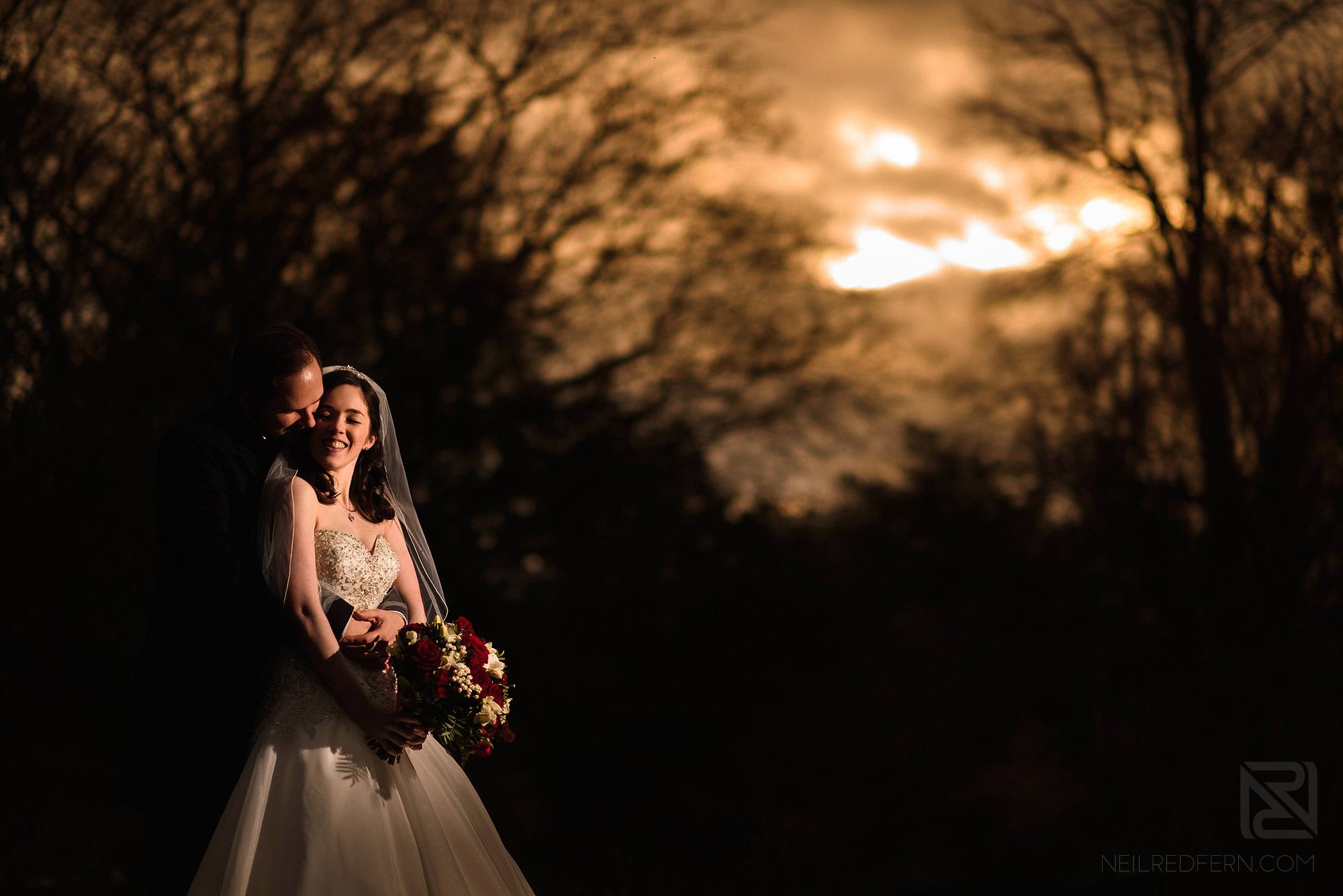 evening sunset photograph of bride and groom