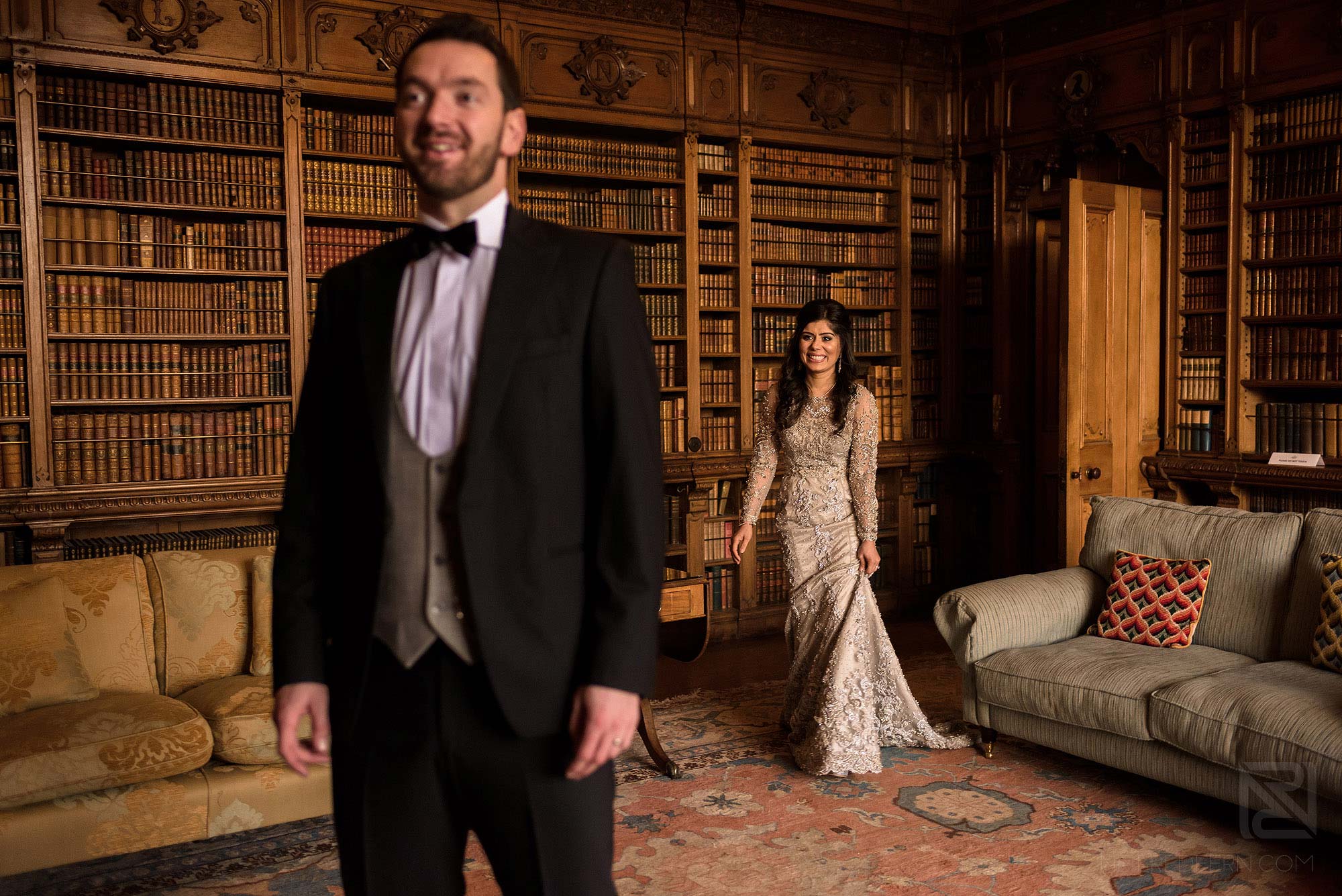 bride and groom first look in Arley Hall