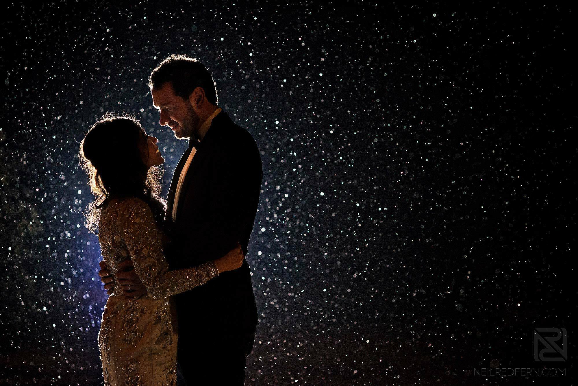 bride and groom in the rain at winter wedding