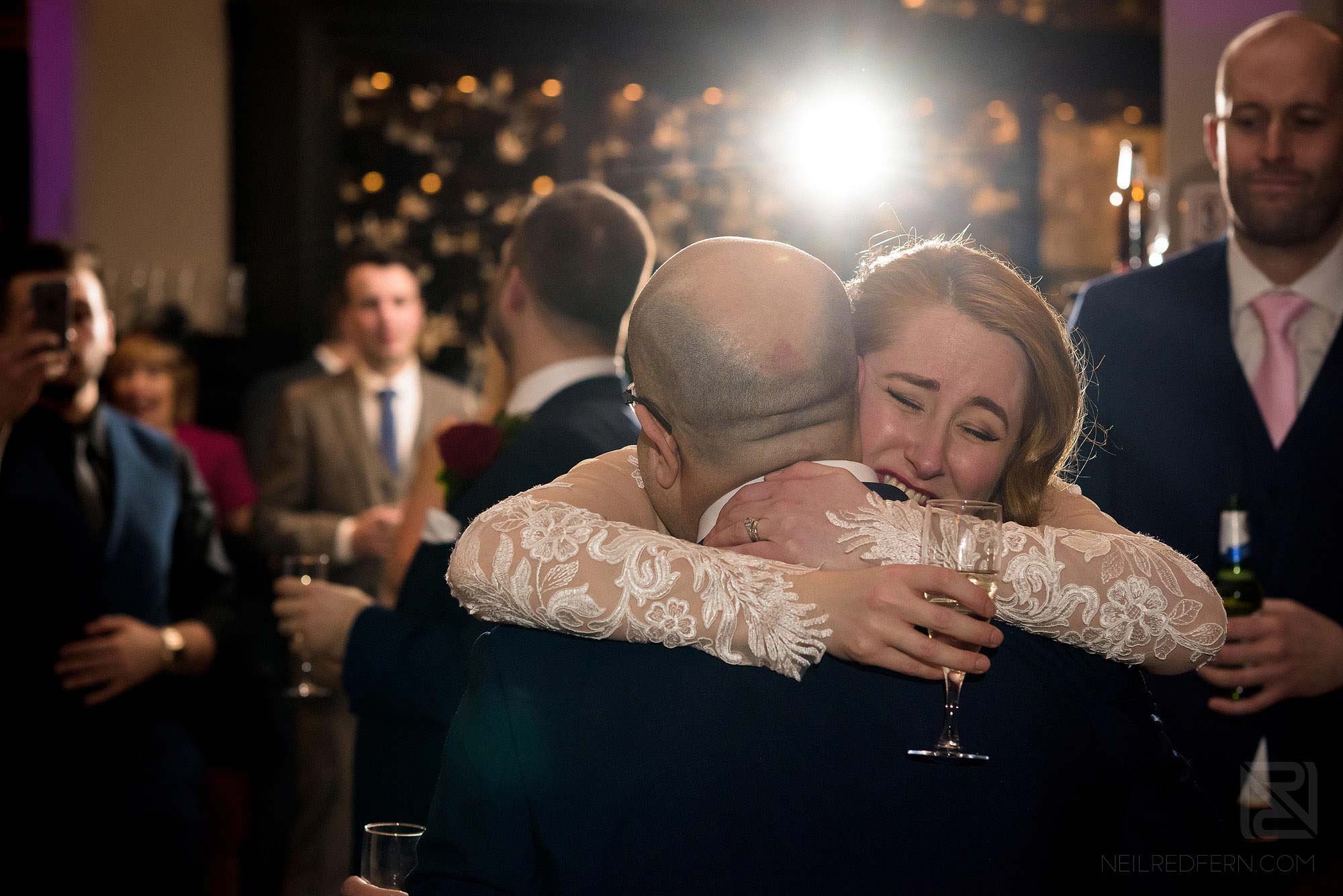 Manchester Museum wedding photography 25 bride hugging dad