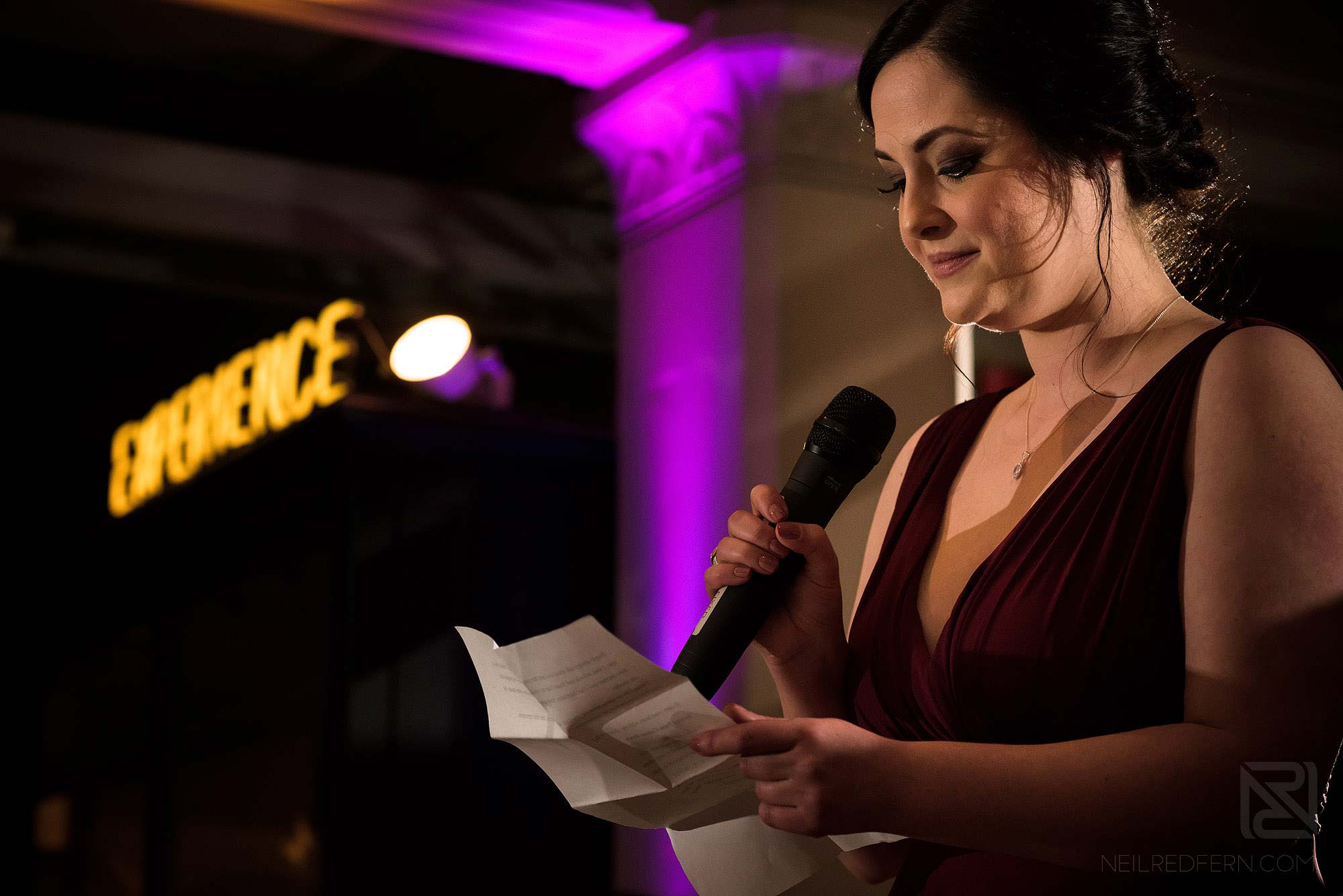 Manchester Museum wedding photography 26 bridesmaid giving speech at wedding