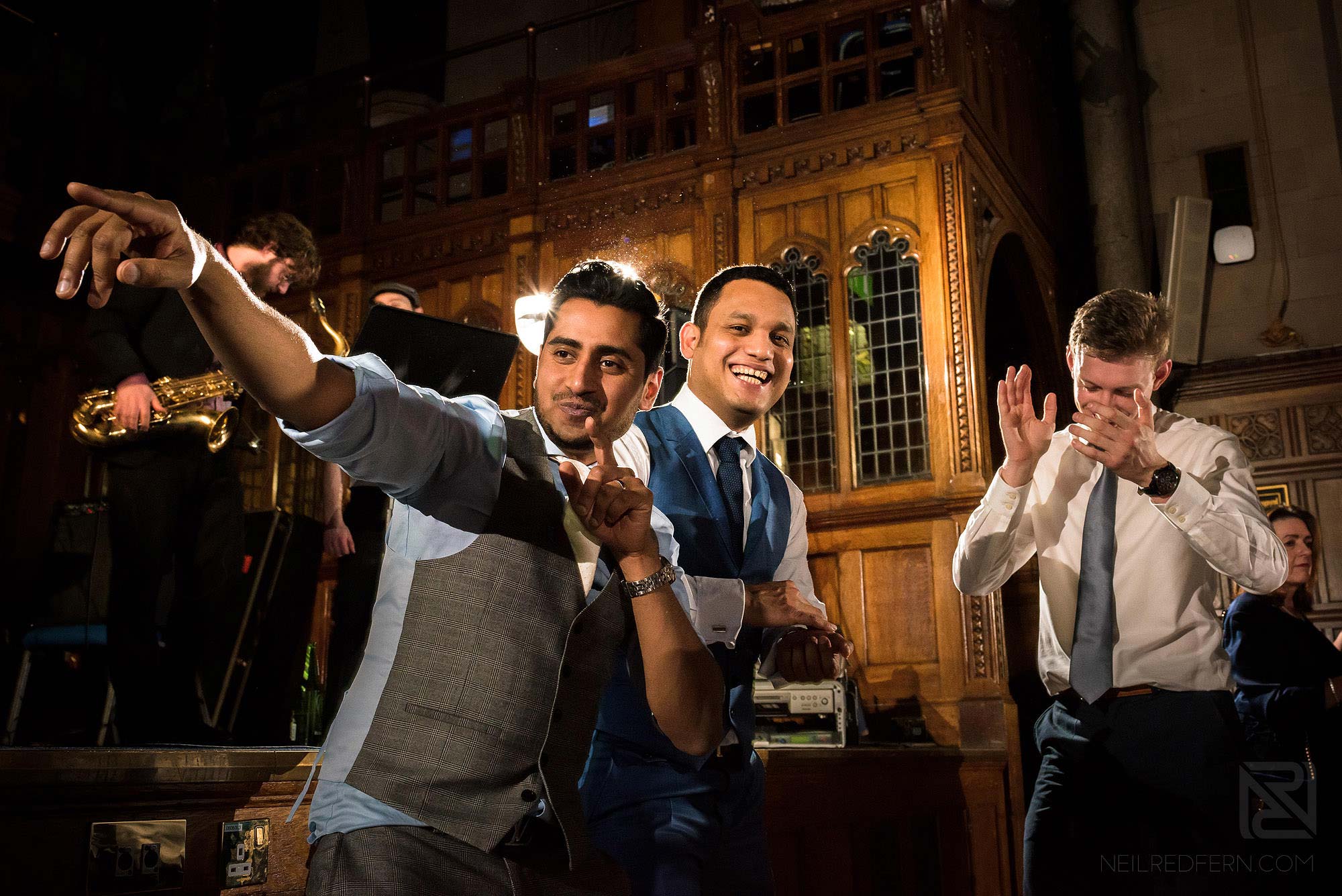 Manchester Museum wedding photography 32 wedding guests dancing in Whitworth Hall