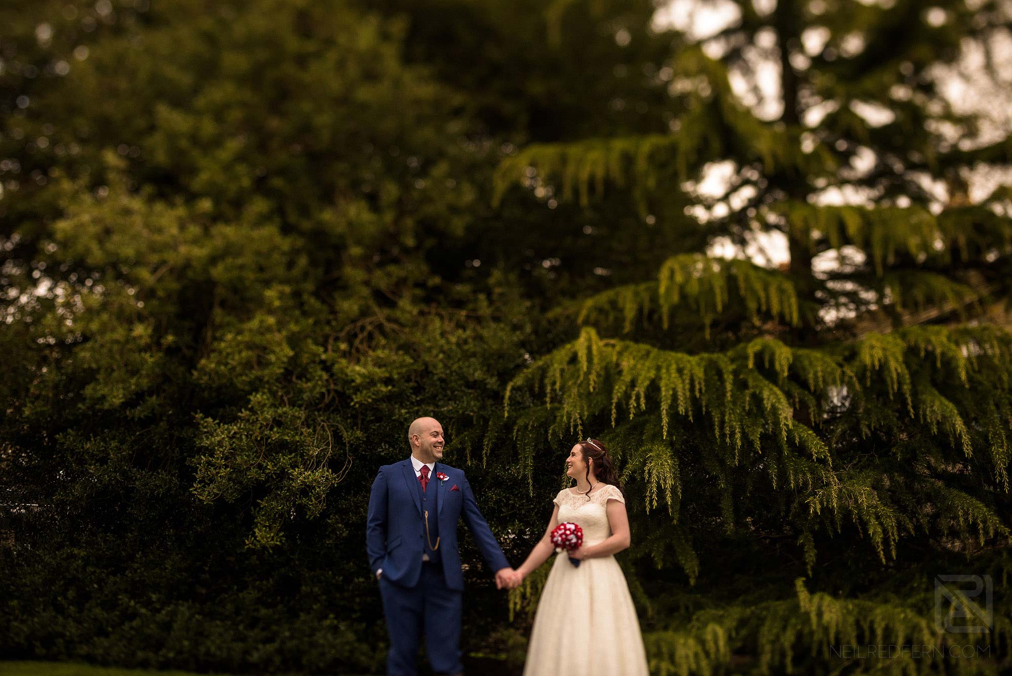 portrait of bride and groom taken with a tilt shift lens