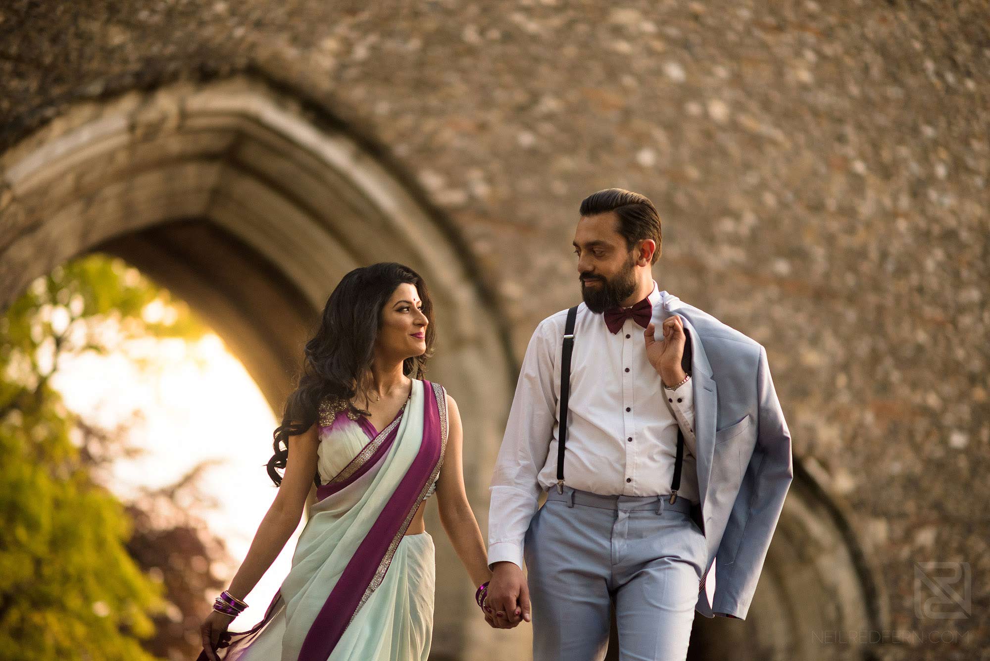 hindu couple walking through St Albans on engagement shoot