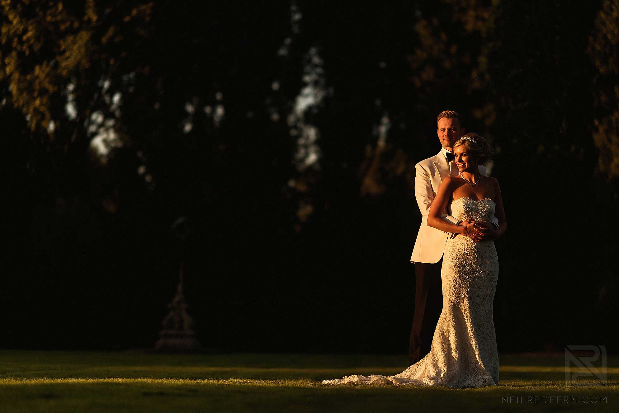 sunset portrait of bride and groom