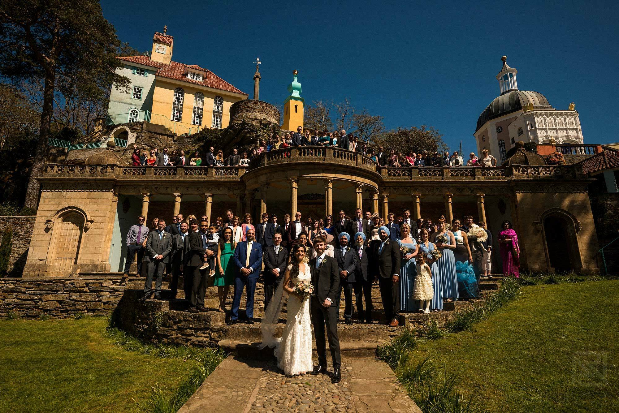 large group photograph of bride and groom and all wedding guests