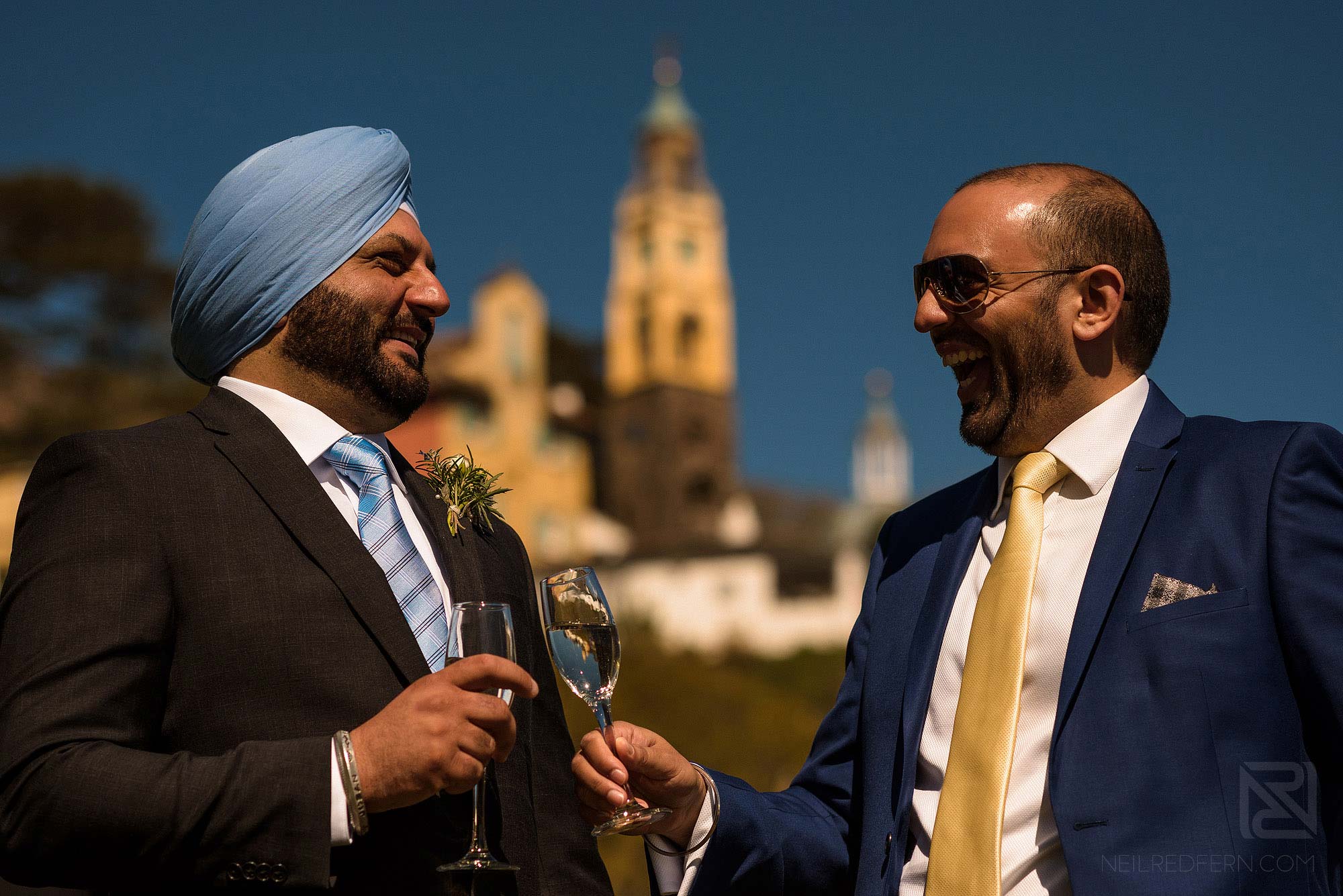 wedding guests laughing 