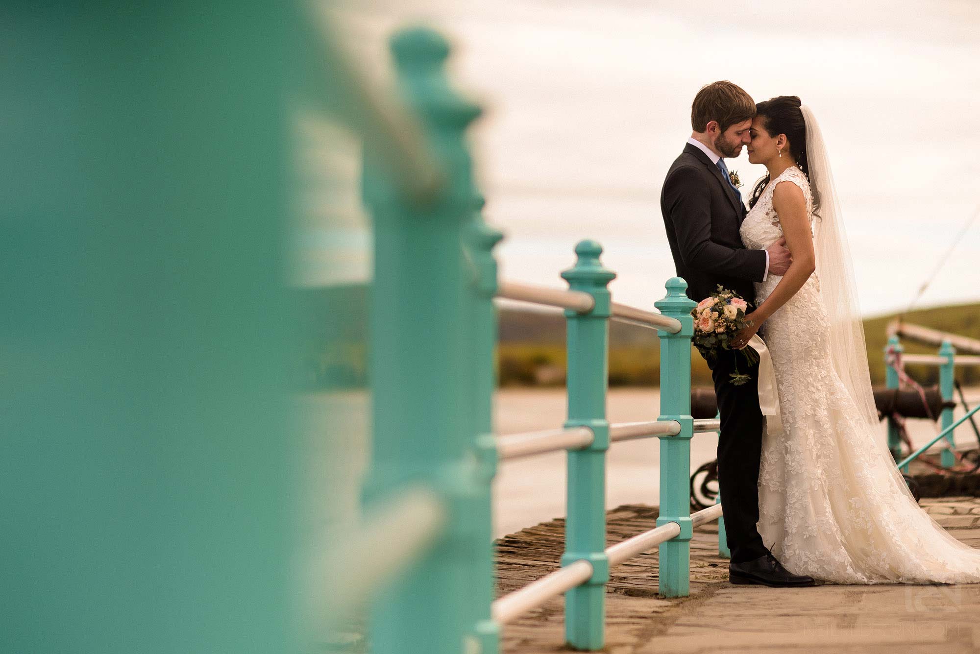 romantic portrait photograph of bride and groom together in Portmeirion