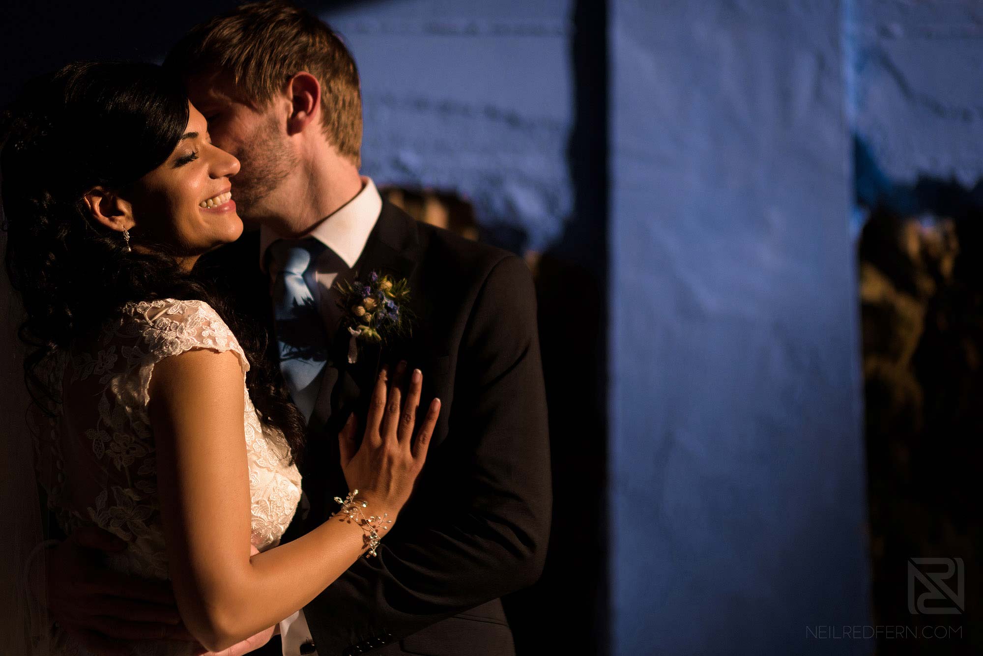 portrait of newlyweds at sunset in Portmeirion