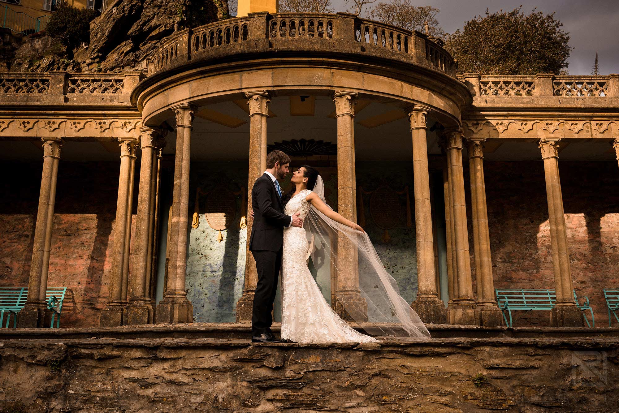 bride and groom photograph taken in Portmeirion Village