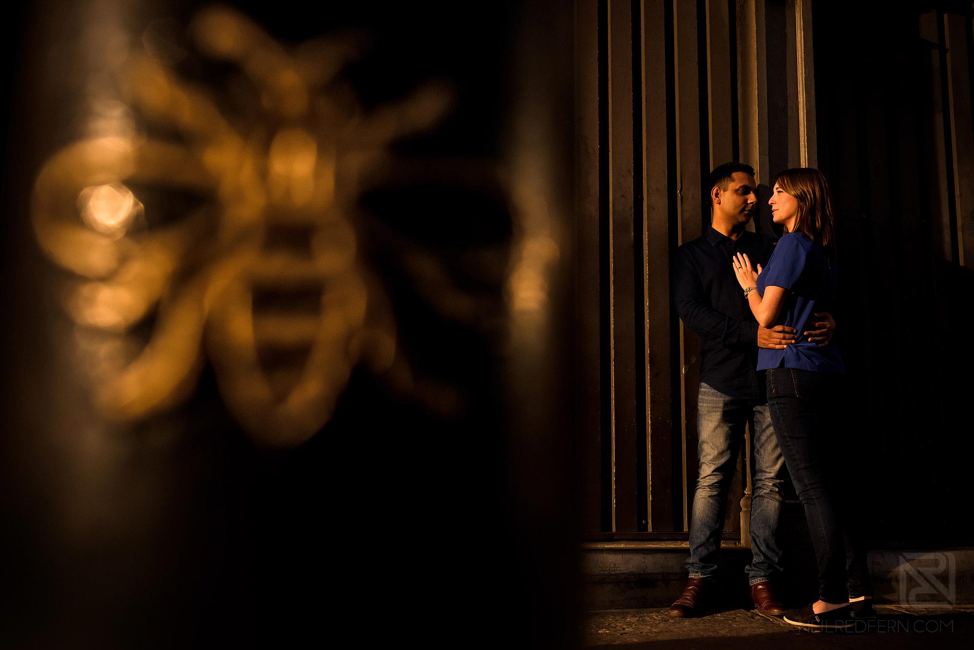 Manchester city centre engagement shoot 2 portrait of couple in Manchester city centre with Bee