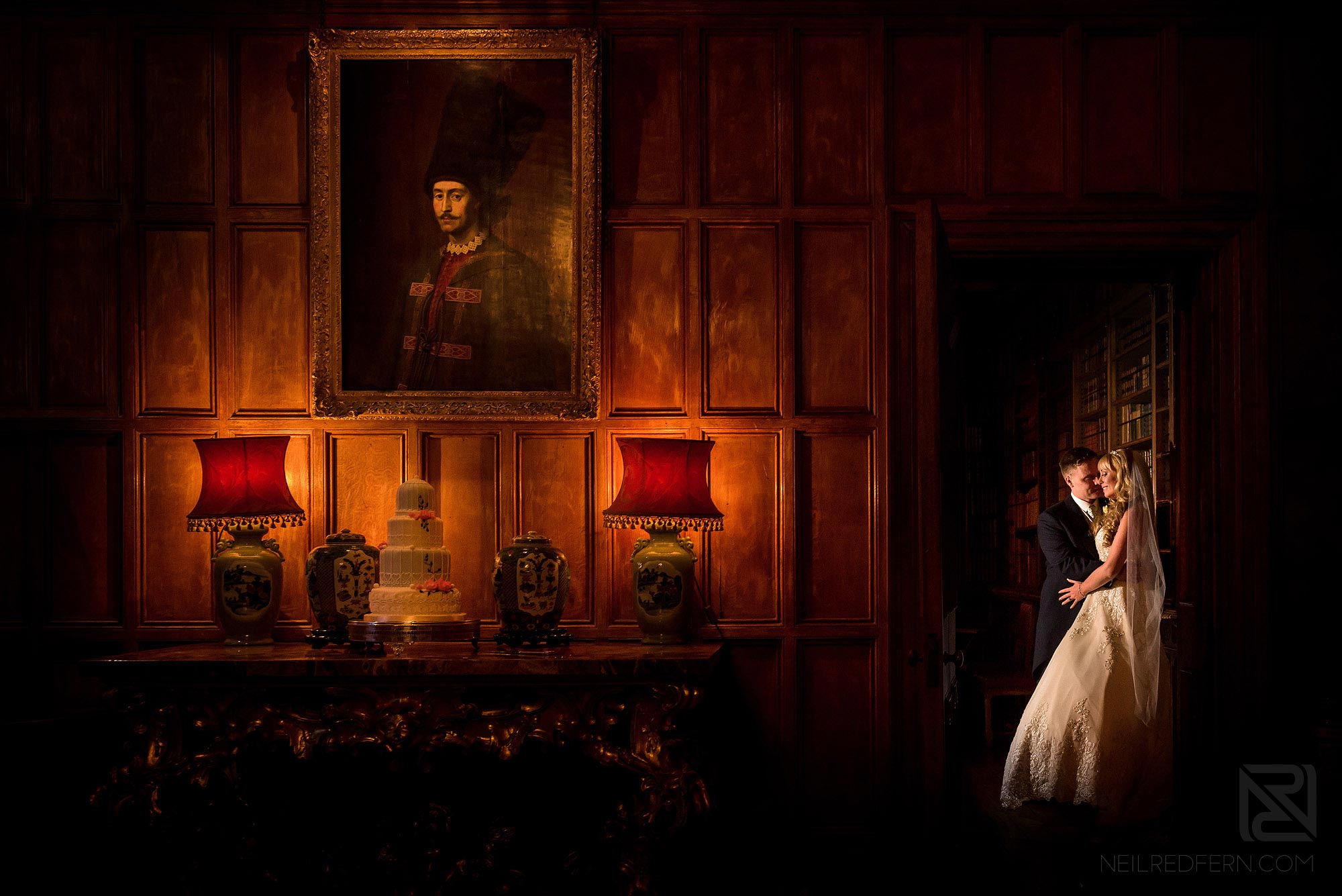 beautiful photograph of bride and groom in Arley Hall library
