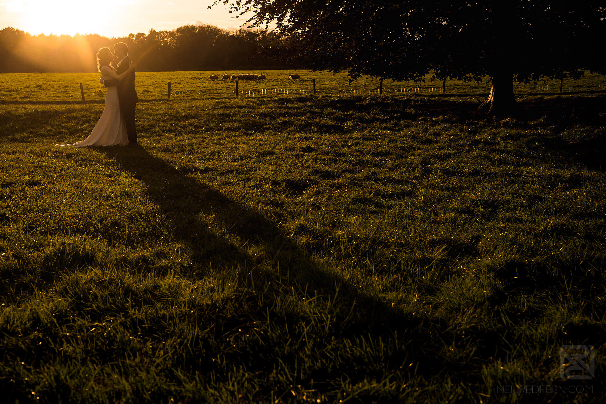 bride and groom hugging as the sun goes down on their wedding day