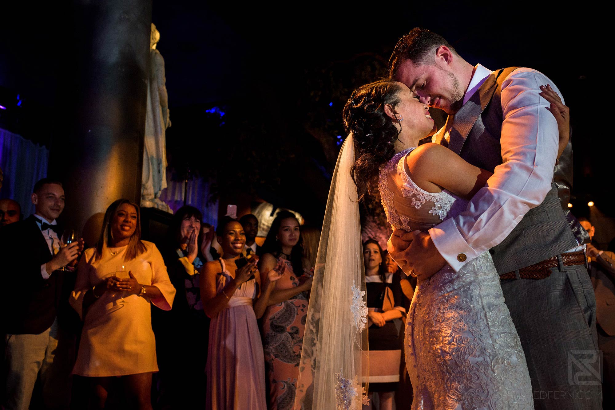 bride and groom first dance inside the Swan at Shakespere's Globe