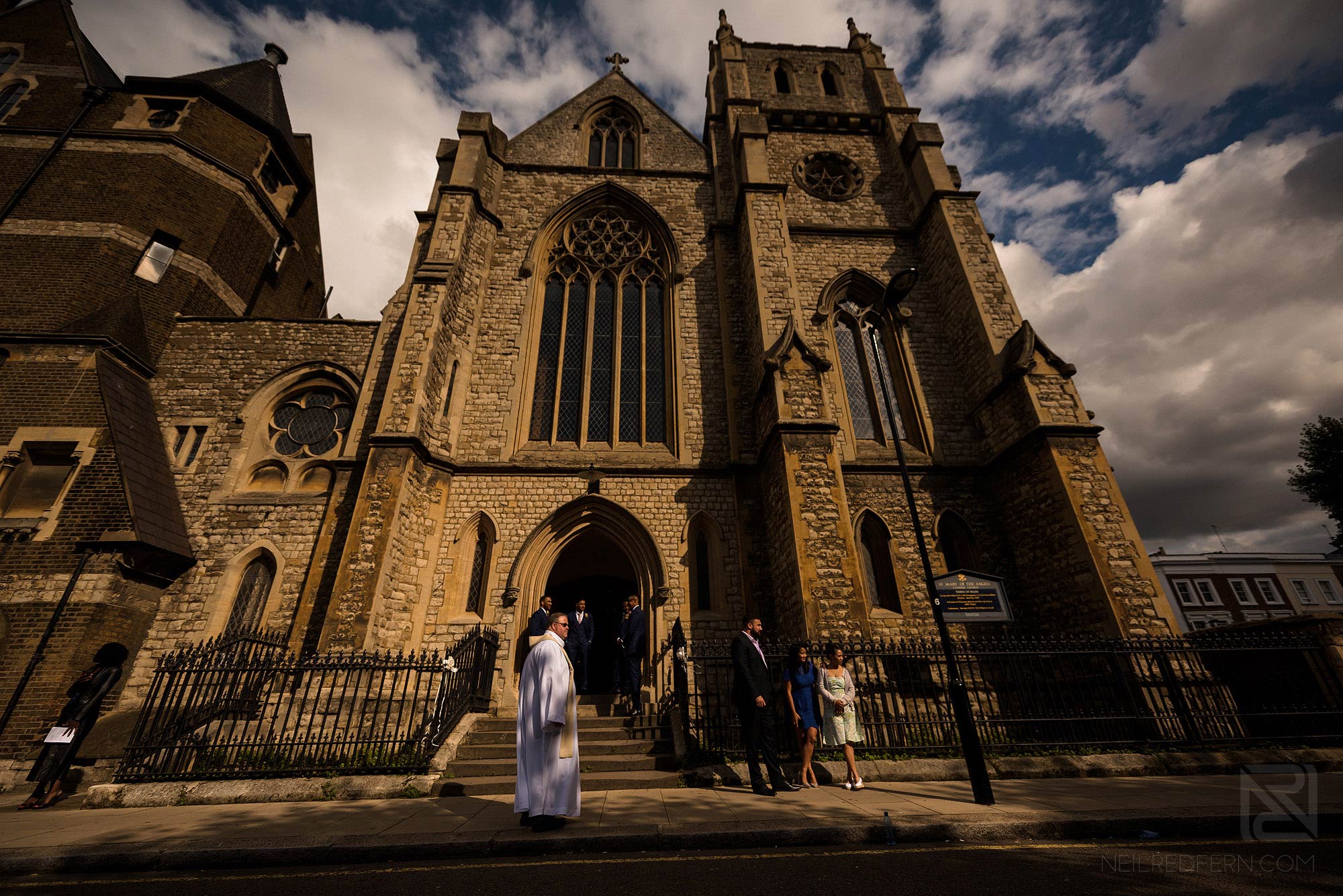 Outside St Mary of the Angels church before wedding