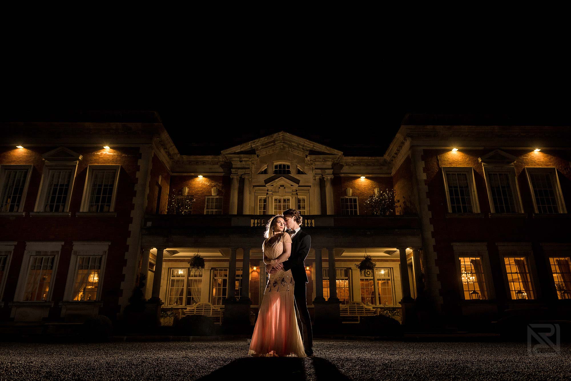 Off camera flash workshops at Eaves Hall 2 ocf photograph of bride and groom outside Eaves Hall