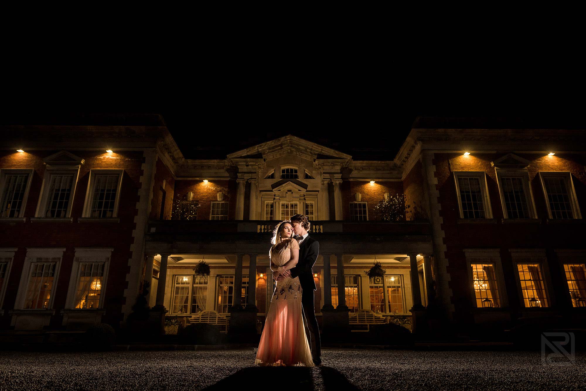 ocf photograph of bride and groom outside Eaves Hall