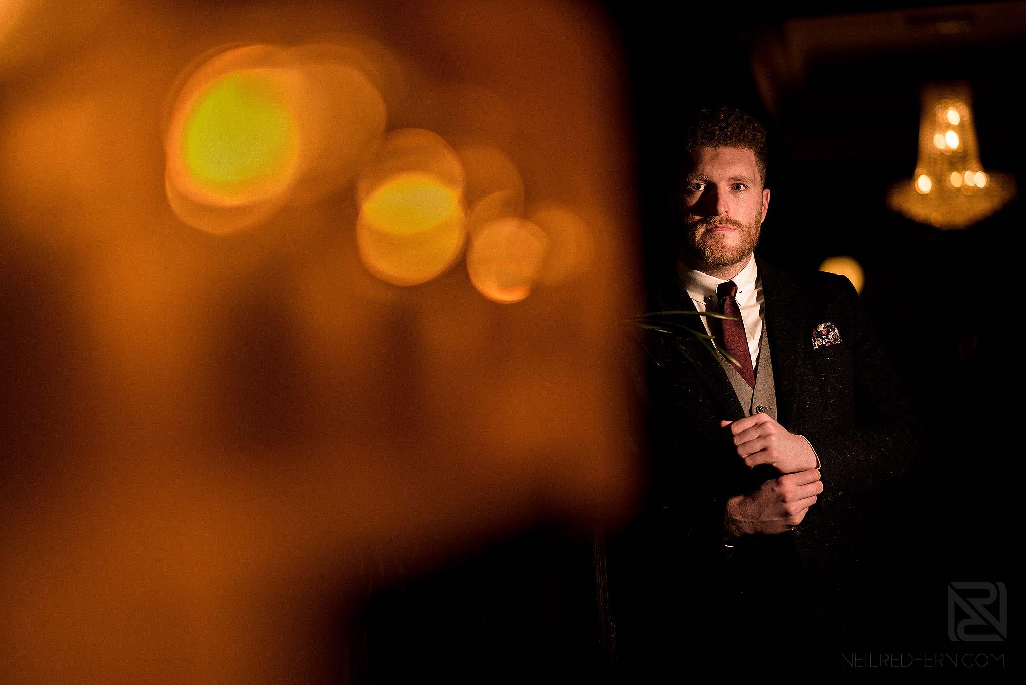 Off camera flash workshops at Eaves Hall 3 off camera flash portrait of Groom