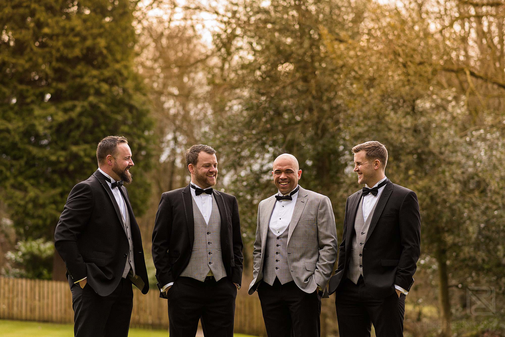 groomsmen group photograph at Mitton Hall