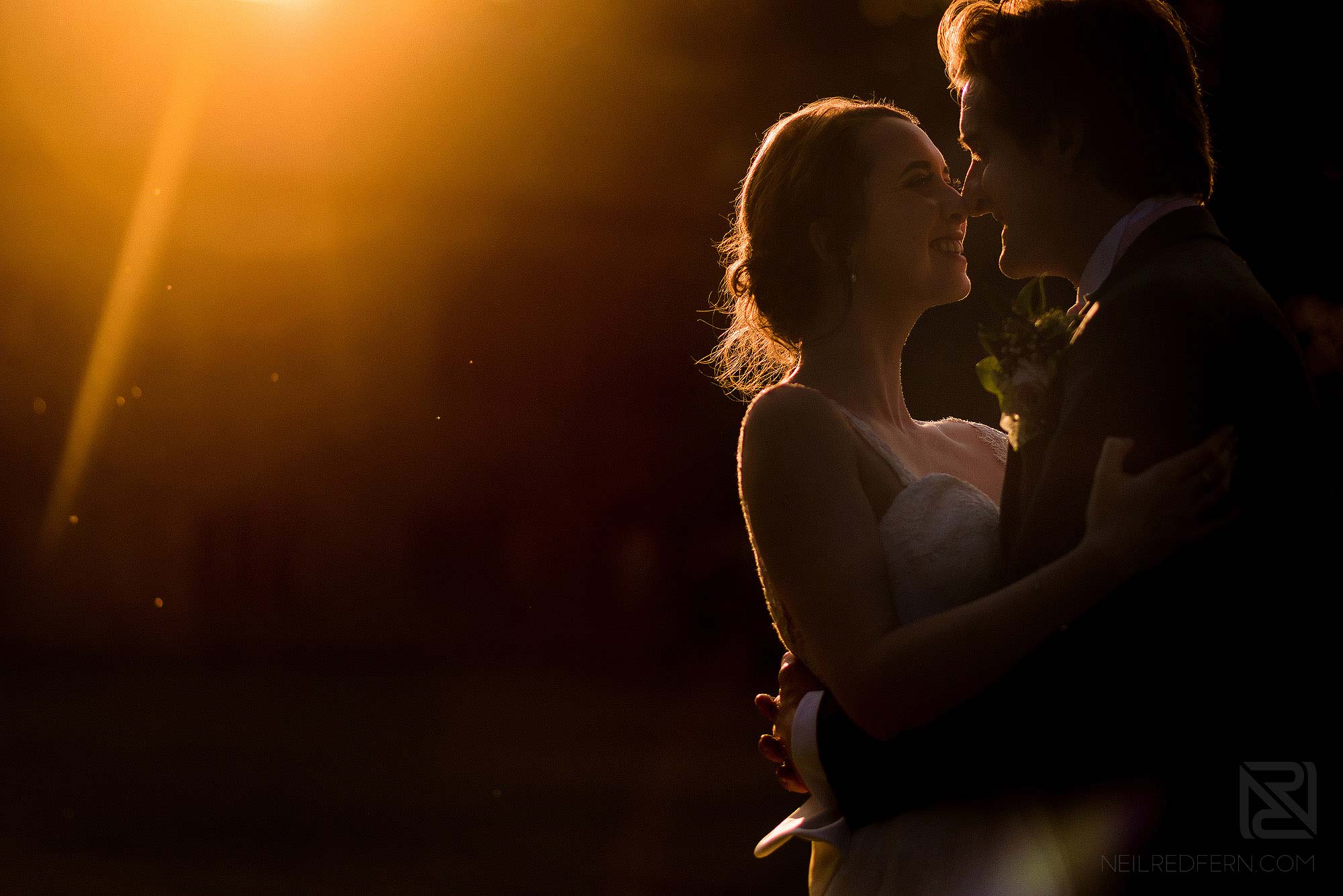 bride and groom portrait at sunset at Hoghton Tower