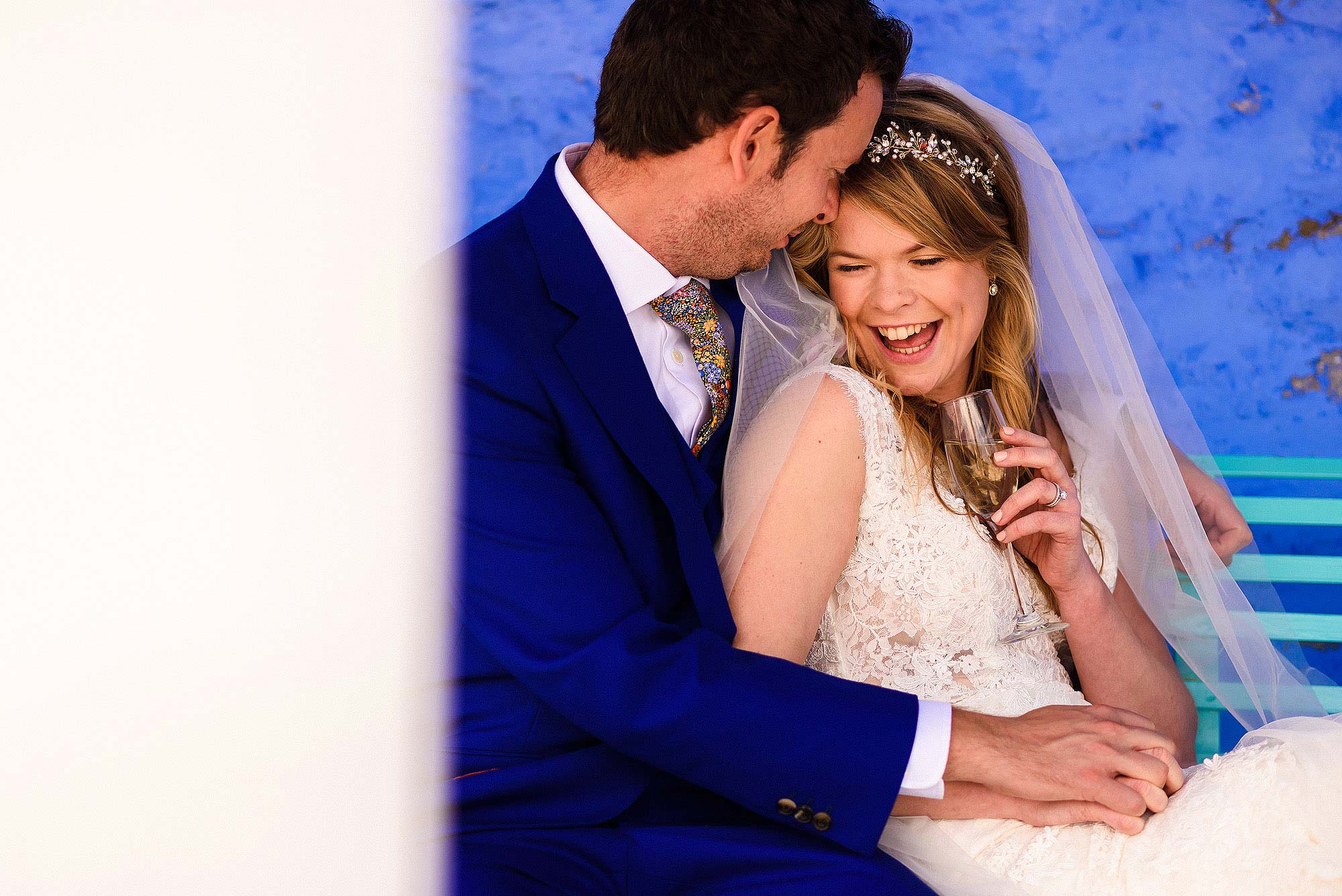 intimate moment between newlyweds at Portmeirion