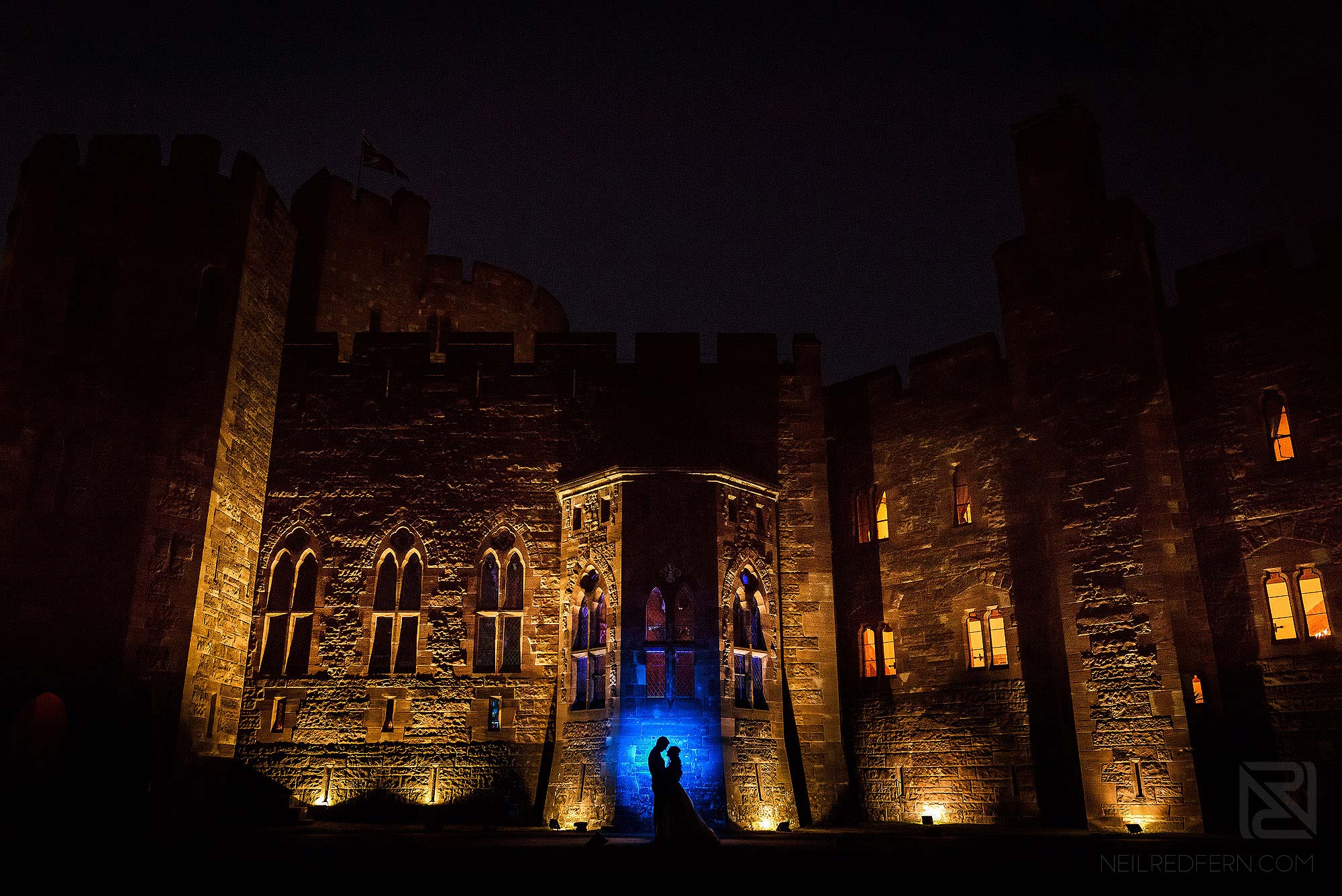 OCF wedding portrait at night at Peckforton Castle