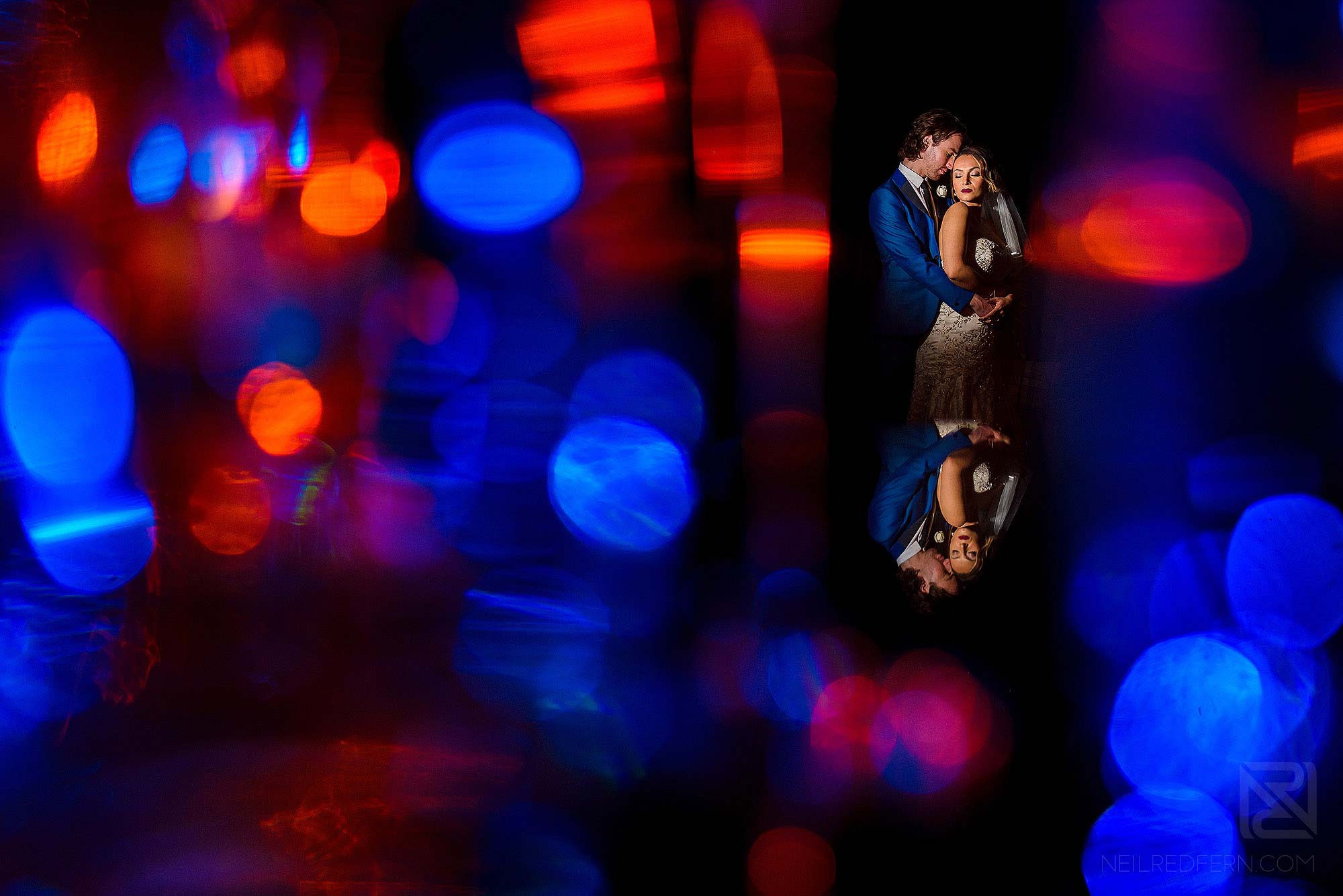 creative portrait of bride and groom during wedding photography workshop