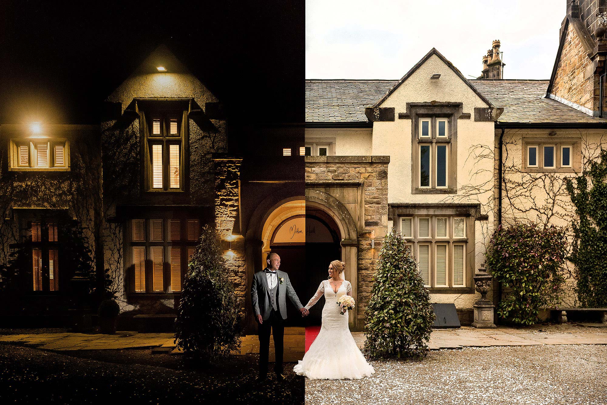 creative day night composite photograph of bride and groom at Mitton Hall