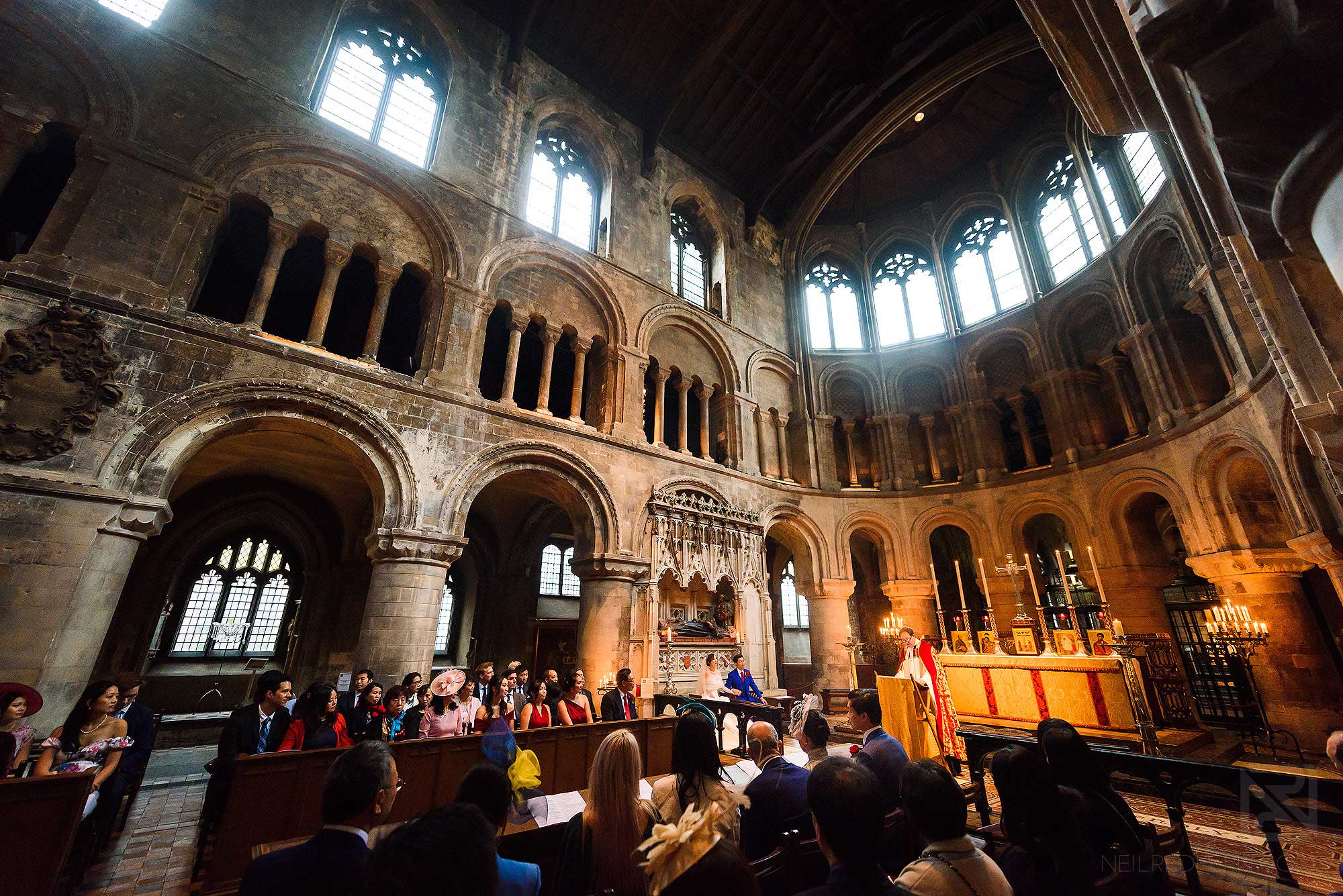 wide angle shot of wedding at St Bartholomew the Great in London