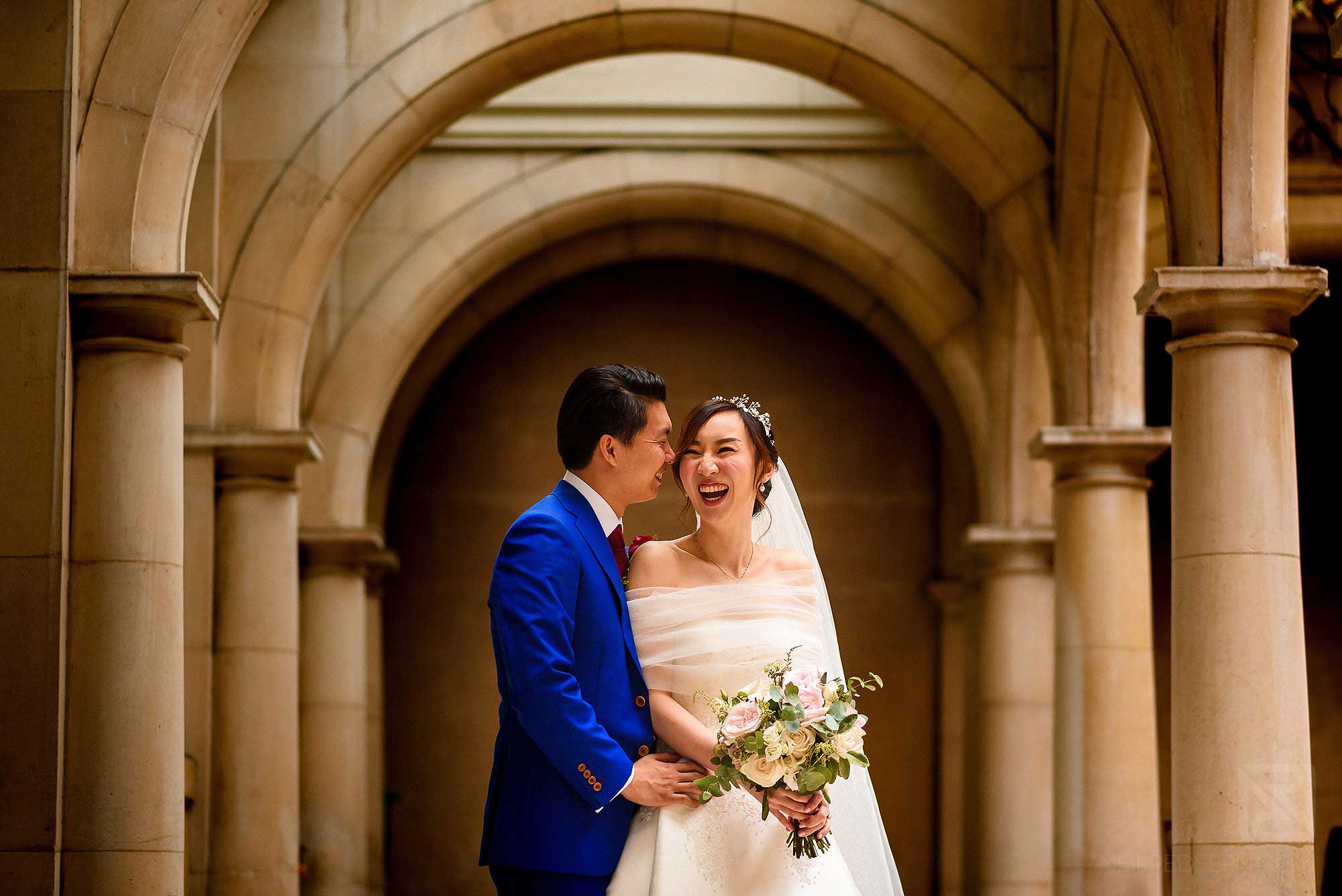 happy bride and groom portrait at Skinner's Hall in London