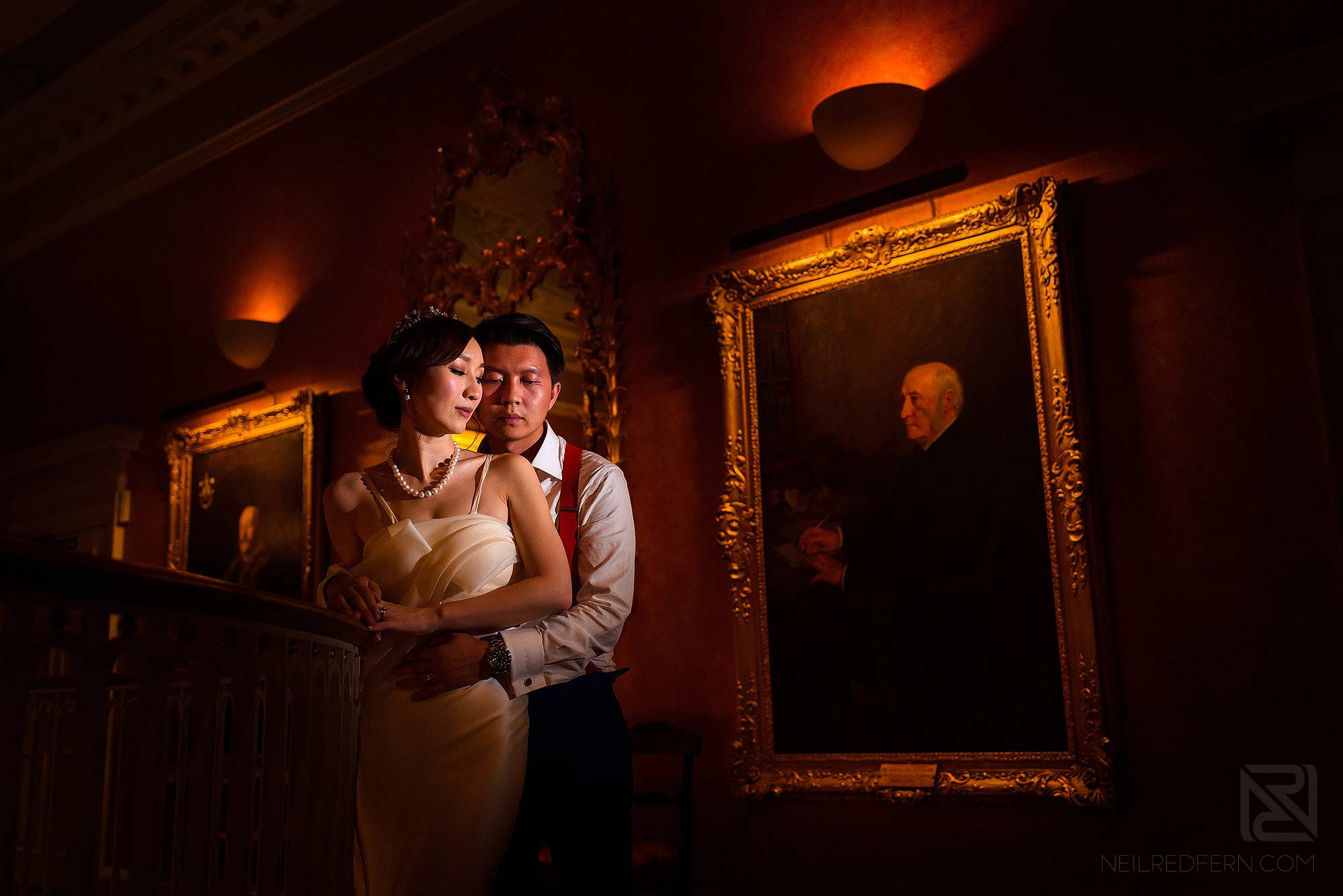 beautiful evening photograph of bride and groom inside Skinners Hall