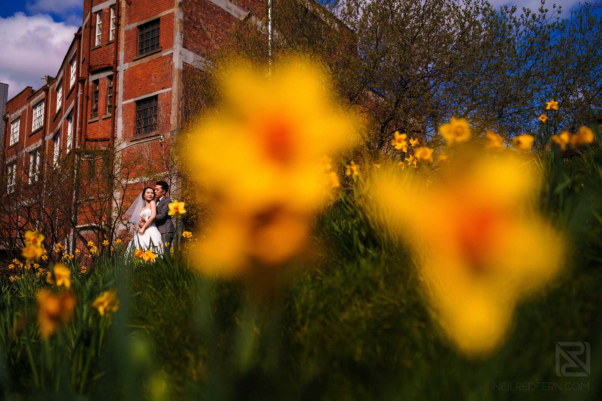 bride and groom on pre-wedding shoot in Manchester city centre